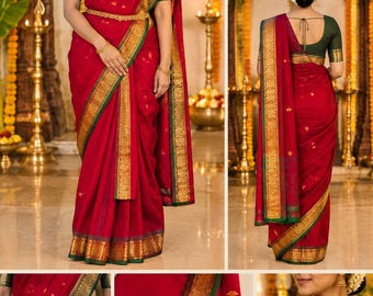 Art Silk Cotton Saree: Golden Jari Border, Madisaar Style (9.2 Meter)