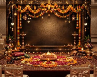 Festival Photography Backdrop, Diwali Background, Marigold Garlands, Diya Photo Booth Props, Wedding Mandap Banner
