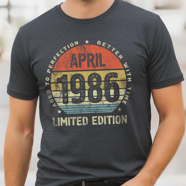Camiseta de abril de 1986, regalo de cumpleaños número 40 para ella o para él, camiseta "Envejecido a la perfección", atuendo para la fiesta del cuadragésimo cumpleaños, regalo "Nacido en 1986, mejor con el tiempo" 004
