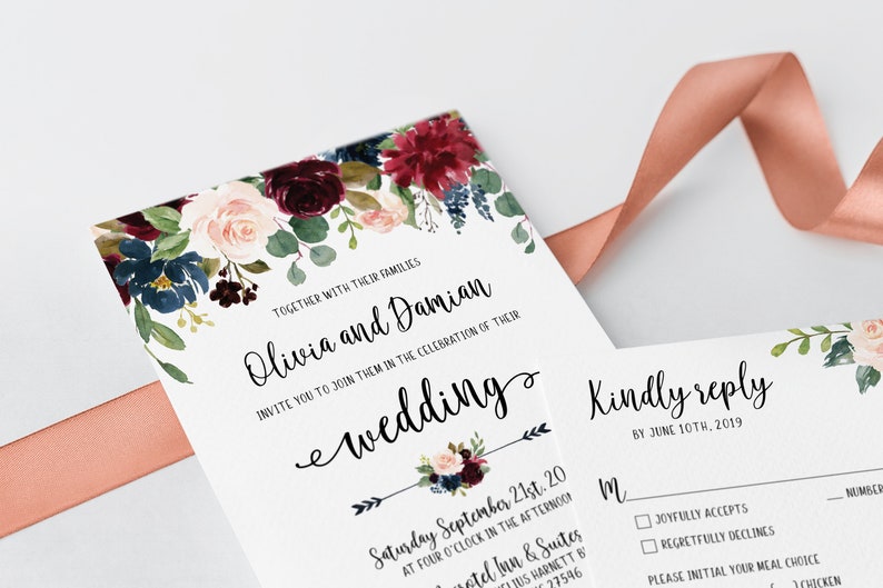 Floral Wedding Set Printable Wedding invites Marsala florals Burgundy and Navy wedding invitations Wedding Invitation Cards Template