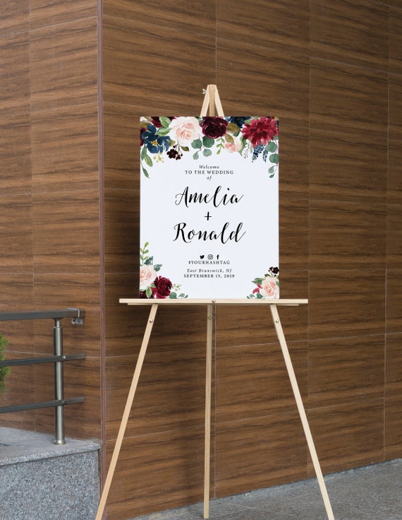 Burgundy and Navy Wedding Sign Board Printable Etsy