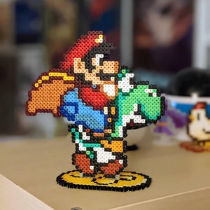 Super Mario with Cape + Yoshi made of iron beads Perler Videogames Hama Artkal Super Nintendo SNES Geek Nerd Super Mario World Display