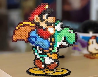 Super Mario with Cape + Yoshi made of iron beads Perler Videogames Hama Artkal Super Nintendo SNES Geek Nerd Super Mario World Display