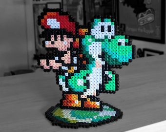 Yoshi with Baby Mario display made of iron beads, Perler, Yoshi's Island, 3D, Hama, Artkal, Super Nintendo, SNES, Super Mario