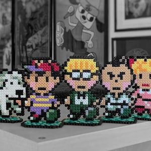 Earthbound / Mother characters made of iron-on beads, Ness, Paula, Jeff, Poo, King, Nintendo, SNES, Retro, with magnets, Perler, Fusebeads