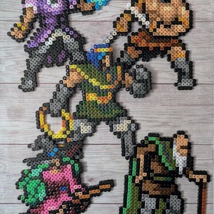 May include: Five pixel art characters made of colourful beads. The characters are a wizard with a blue staff, a warrior with a sword, a knight with a shield, a witch riding a broom, and an old man with a walking stick.
