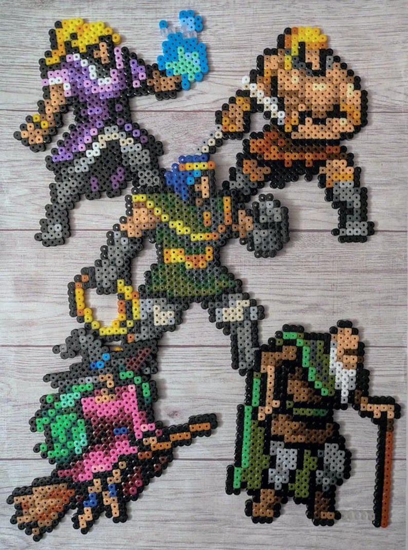 May include: Five pixel art characters made of colourful beads. The characters are a wizard with a blue staff, a warrior with a sword, a knight with a shield, a witch riding a broom, and an old man with a walking stick.