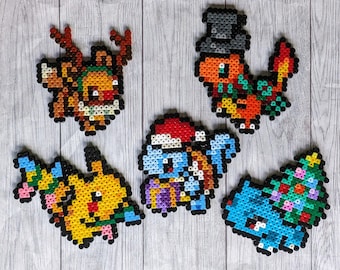 Christmas Pokemon decoration made of iron beads, Nintendo, Christmas, Tree Decoration, Ribbon, Bulbasaur, Charmander, Pikachu, Xmas, Eevee