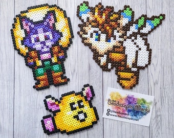 Secret of Mana characters made of ironing beads, Lufti / Flammi, Pogopuschel / Rabite, Neko / Wucherkater, Nintendo, SNES with magnets