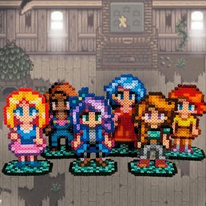 Bachelorettes / Spouses / Girlfriends from Stardew Valley made of iron-on beads, Perler beads, magnets, stands, Abigail, Emily, Leah, Maru, Penny, Haley