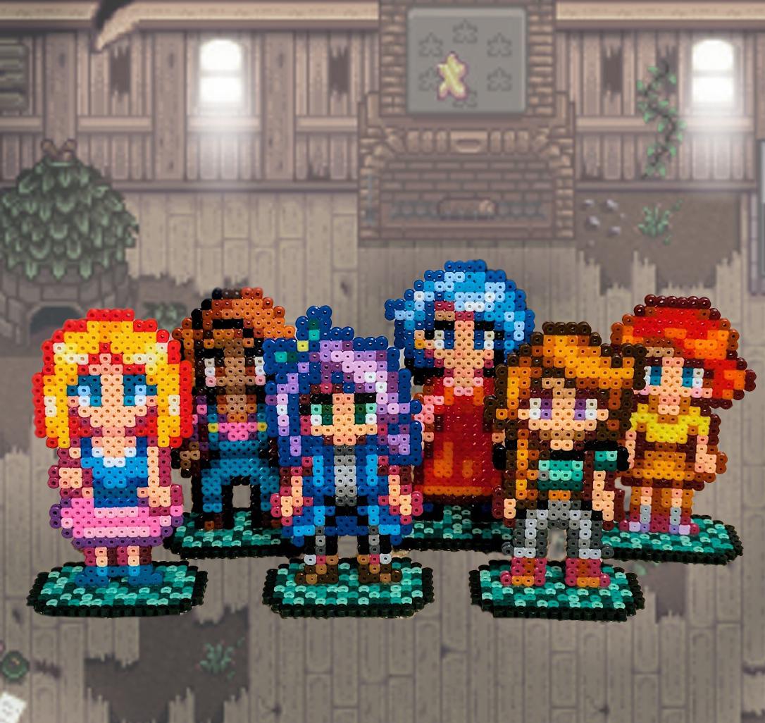 Bachelorettes / Spouses / Girlfriends from Stardew Valley made of iron-on beads, Perler beads, magnets, stands, Abigail, Emily, Leah, Maru, Penny, Haley