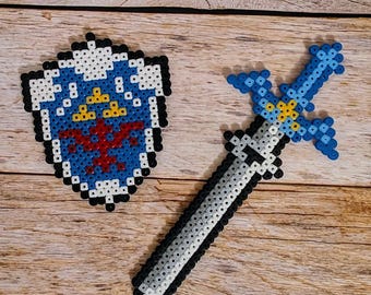 Zelda Hylia Shield & Master Sword made of iron-on beads, Hylian Shield, Master Sword, Nintendo, SNES, Retro, with magnets