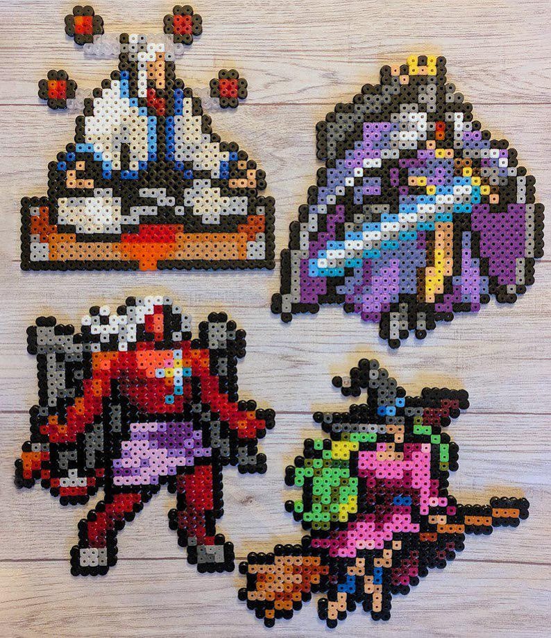 May include: Four pixel art characters created using colourful beads. The characters are a white-haired man in a blue and white robe, a purple-robed figure with a sword, a red-skinned figure with a purple skirt, and a witch with a green hat and a broom.