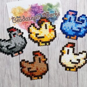Chickens (Stardew Valley) made of iron beads, animals, magnets, chickens, void chicken, blue chicken, harvest moon, Nintendo, farm, perler, stand