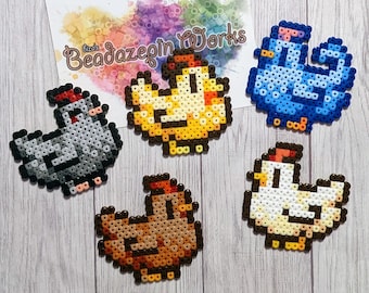 Chickens (Stardew Valley) made of iron beads, animals, magnets, chickens, void chicken, blue chicken, harvest moon, Nintendo, farm, perler, stand
