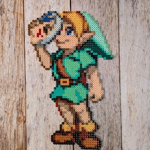 Link (Zelda - Majora&#39;s Mask) made of iron-on beads, Perler, Hama, Artkal, Nintendo, N64, Majora&#39;s Mask, Ocarina of Time, Young Link