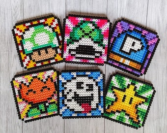 Super Mario Nerd Coaster made of Ironing Beads (Nintendo), Perler, Coaster, Mushroom, Flower, Koopa, Gaming, Nerd, Coasters