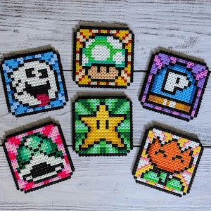 Super Mario Nerd Coasters made of iron-on beads (Nintendo), Perler, Coaster, Mushroom, Flower, Koopa, Gaming, Nerd, Coasters