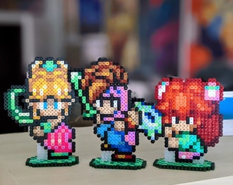 Secret of Mana characters in battle made of iron beads, beads, nintendo, snes with magnets, perler, geek, rpg, seiken densetsu