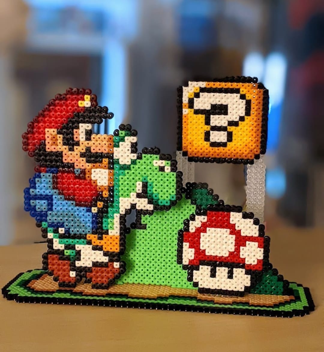 Super Mario World Fuse Bead Diorama Perler Mushroom Yoshi 3D Hama Artkal Super Nintendo SNES Geek Nerd Etsy Nederland