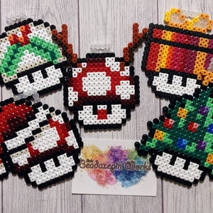 Christmas Mushroom (Nintendo) decoration made of iron-on beads, Nintendo, Christmas, Tree Decoration, Mushroom, Mario, Magnet, Ribbon, with loop