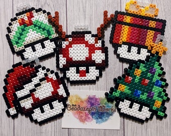 Christmas Mushroom (Nintendo) decoration made of iron-on beads, Nintendo, Christmas, Tree Decoration, Mushroom, Mario, Magnet, Ribbon, with loop