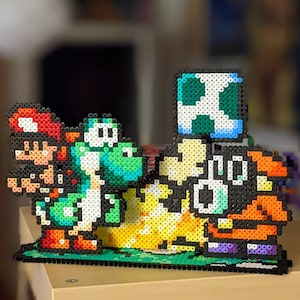 Yoshi&#39;s Island Diorama made of fuse beads, Perler, Mushroom, Yoshi, 3D, Hama, Artkal, Super Nintendo, SNES, Mario World