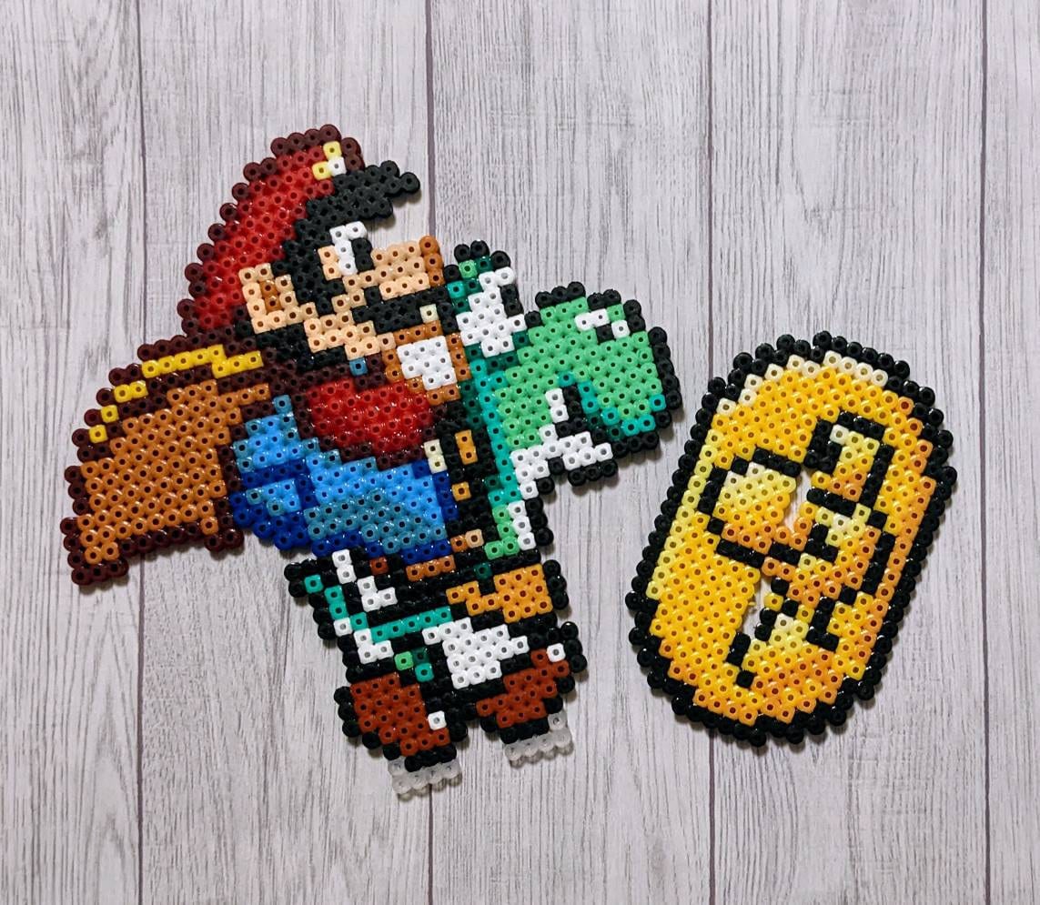 アイロン ビーズで作られたマント + ヨッシー付きスーパー マリオ、パーラー ビデオゲーム、ハマ、アートカル、スーパー  ファミコン、SNES、ギーク、オタク、スーパー マリオ ワールド、ディスプレイ - Etsy 日本