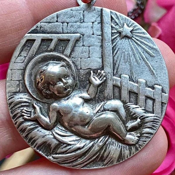 Antique Spanish Baby Jesus in Manger Nativity Medal