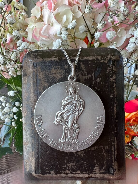 Silver Mother Mary Medal, Vintage Spanish - image 4