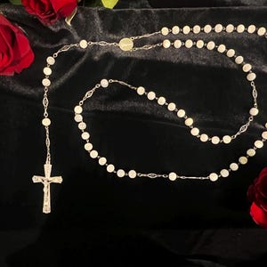Antique Silver and Mother of Pearl 29” Devotional Rosary Necklace