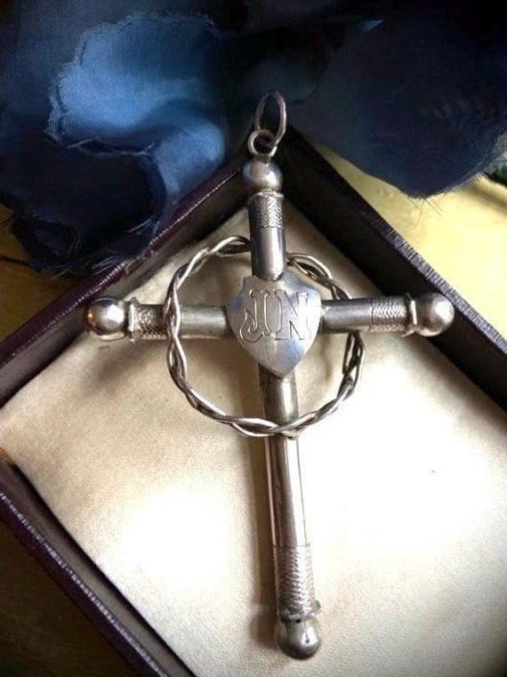 Silver Crown of Thorns Cross engraved JN