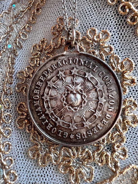 Vintage Spanish Silver-Plated Sacred Heart Medal