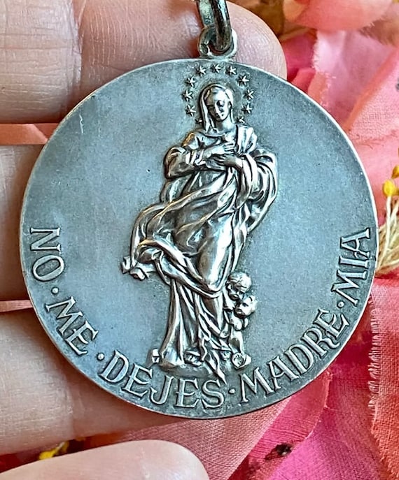 Silver Mother Mary Medal, Vintage Spanish - image 1