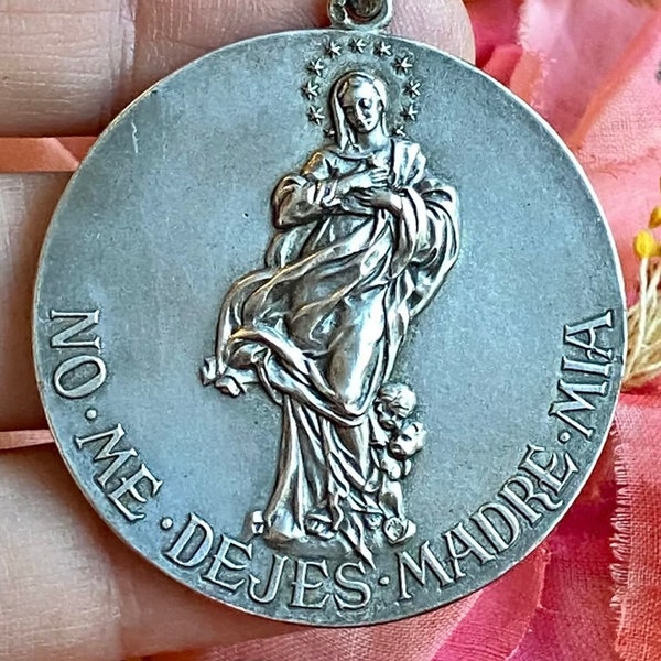 Silver Mother Mary Medal, Vintage Spanish