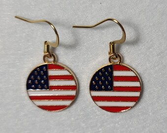 Round shaped American Flag dangle 18k gold plated French hook earrings red white blue enamel