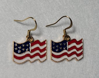 American Flag dangle 18k gold plated French hook earrings red white blue enamel