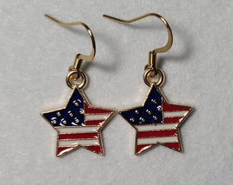 American Flag Star shaped dangle 18k gold plated French hook earrings red white blue enamel