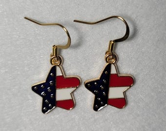 Star shaped American Flag dangle 18k gold plated French hook earrings red white blue enamel