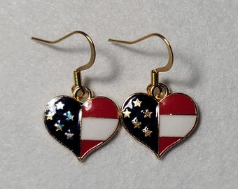Heart shaped American Flag dangle 18k gold plated French hook earrings red white blue enamel