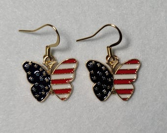 American Flag Butterfly dangle 18k gold plated French hook earrings red white blue enamel