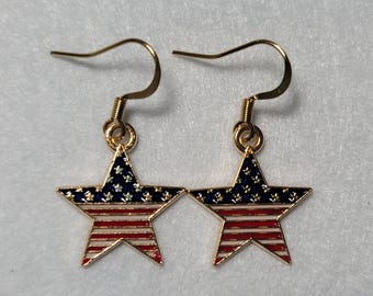 Star shaped American Flag dangle 18k gold plated French hook earrings red white blue enamel