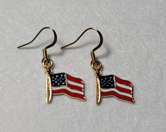 American Flag dangle 18k gold plated French hook earrings red white blue enamel