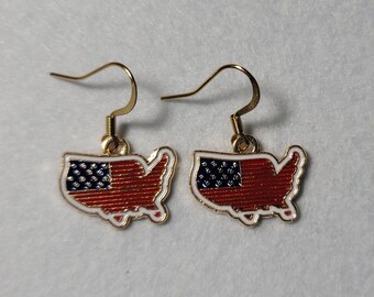 America shaped American Flag dangle 18k gold plated French hook earrings red white blue enamel