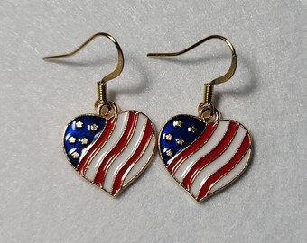 Heart shaped American Flag dangle 18k gold plated French hook earrings red white blue enamel