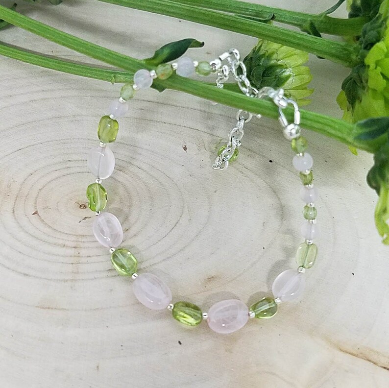 Rose Quartz Bracelet Peridot Bracelet Beaded Gemstone Etsy