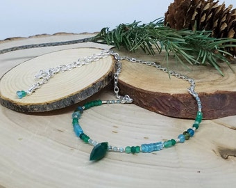 Green onyx pendant  necklace, apatite  necklace, green and blue necklace, dainty beaded gemstone necklace