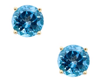 The birthstone for December, 14K Yellow Gold fine Blue Topaz Stud Earrings (7 & 8 millimeters shown), available in any size