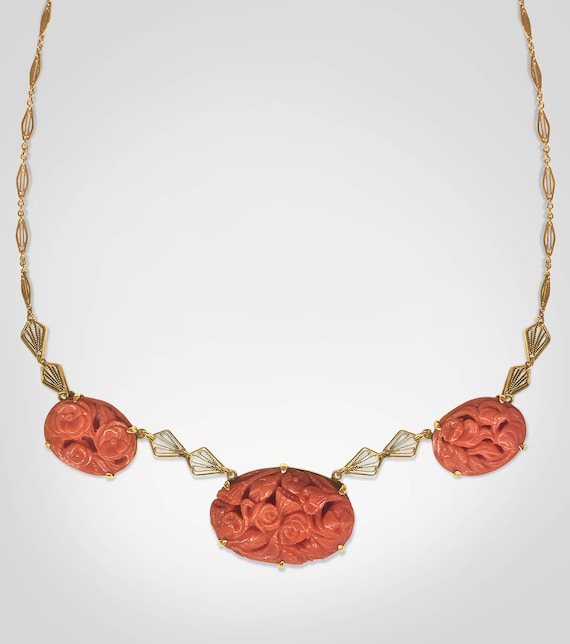 14K Yellow Gold deco Necklace with fine red-orang… - image 1