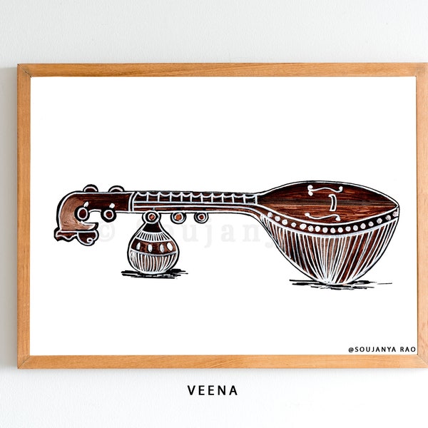 Indian Art, Saraswati Veena Sitar, South Indian Musical instruments, Musical instrument, indian painting,Music art print, Indian wall art